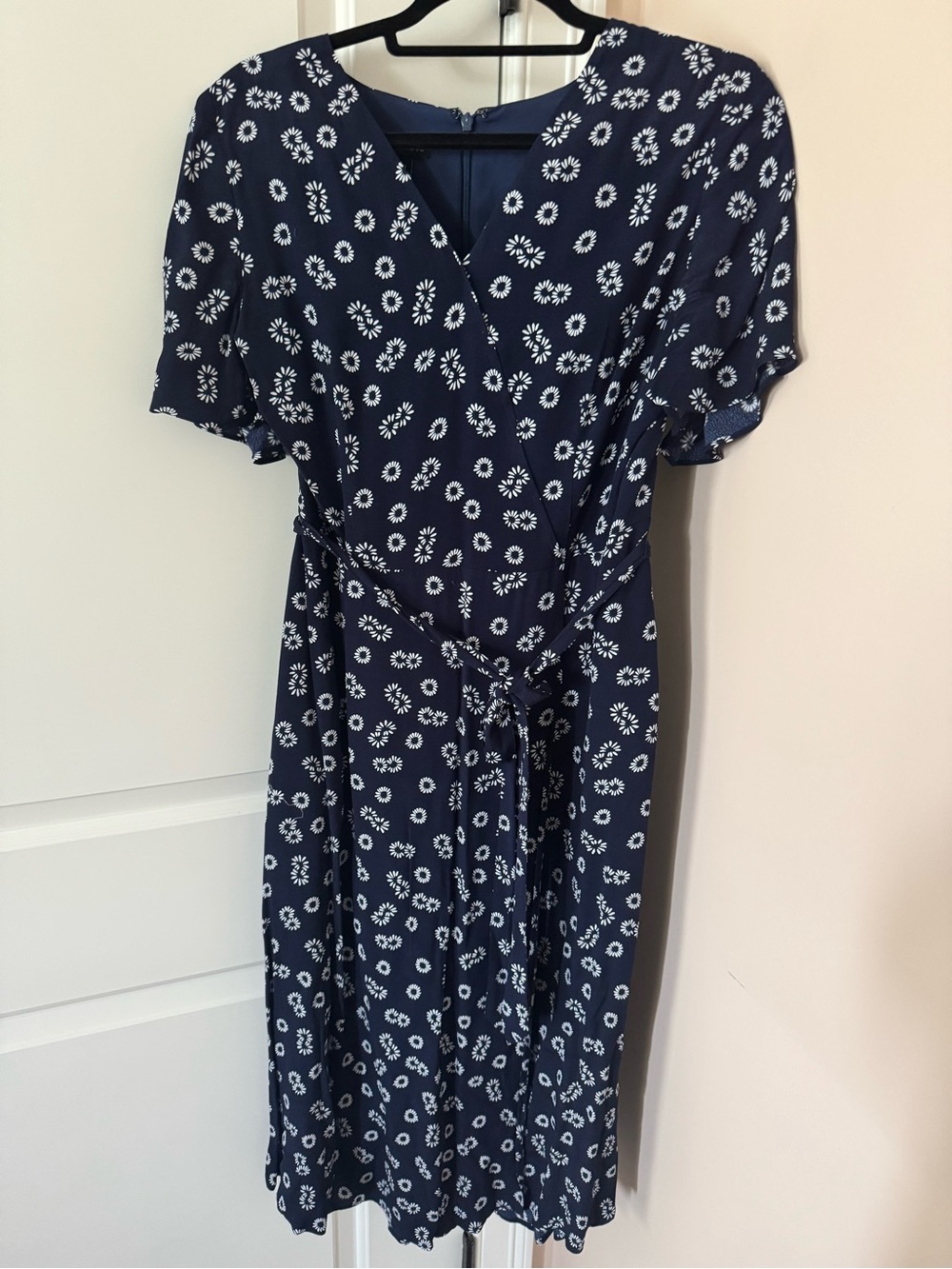 Talbots Navy and White Floral Wrap Midi Dress